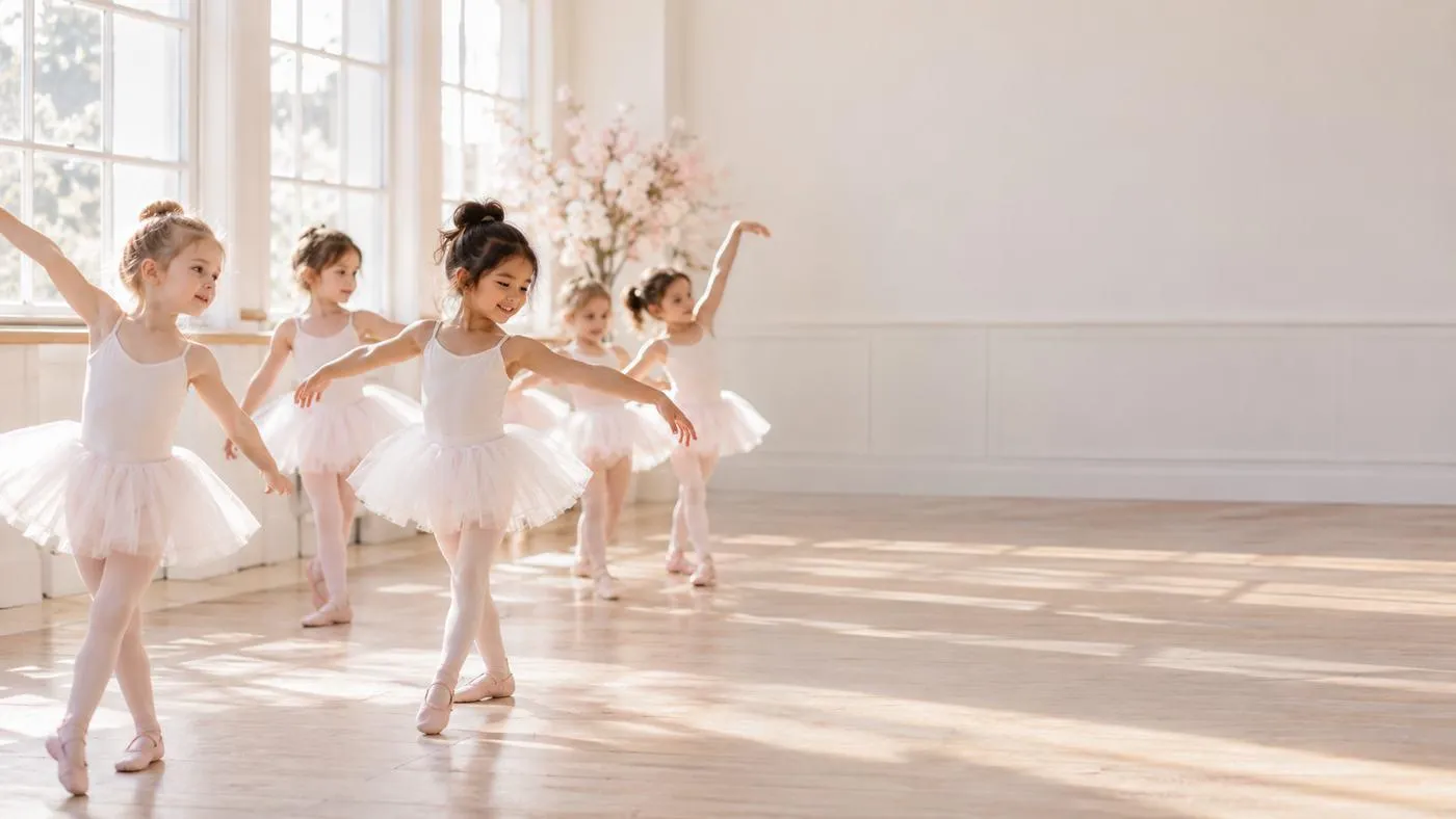 Kinder in weißen Tutus tanzen im hellen Ballettsaal